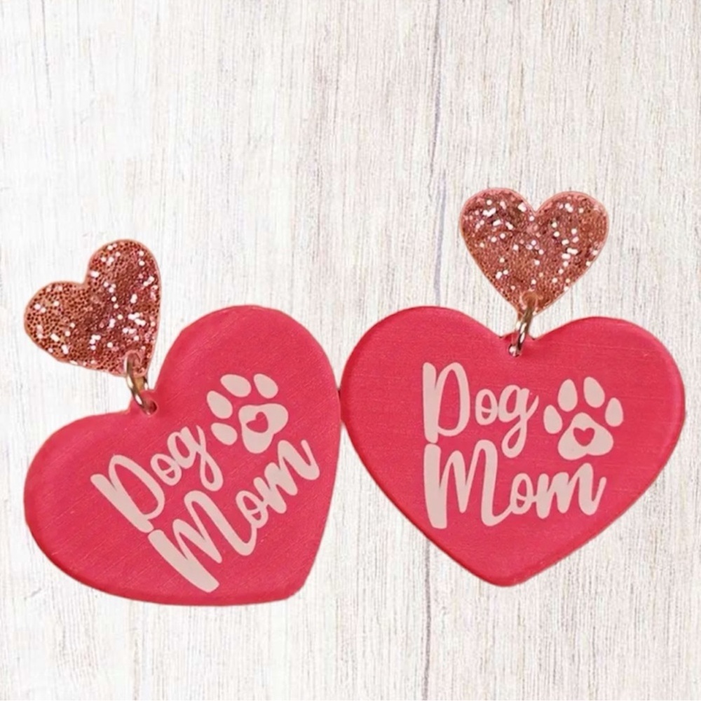 Dog Mom Heart Earrings - Pink
